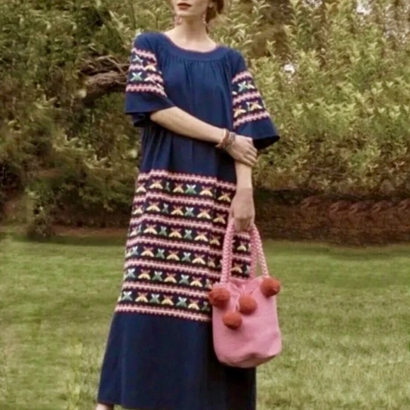 NWT$398 FRANCES VALENTINE Navy Butterfly Kaftan Embroidered Maxi Dress Size 2